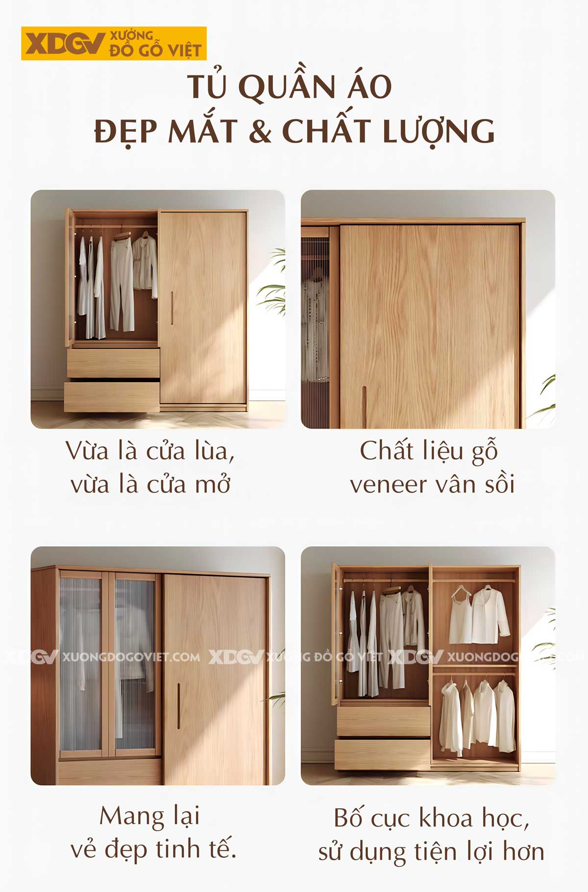 Tủ Áo Gỗ Veener Sồi Hiện Đại Cửa Lùa Cánh Kính Mờ Khung Gỗ
