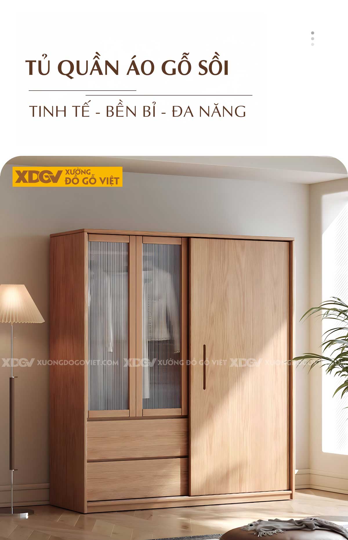 Tủ Áo Gỗ Veener Sồi Hiện Đại Cửa Lùa Cánh Kính Mờ Khung Gỗ