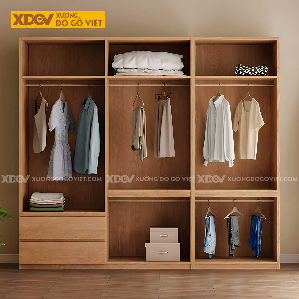 Tủ Áo Gỗ Veener Sồi Japandi Tối Giản Cửa Mở Không Tay Nắm