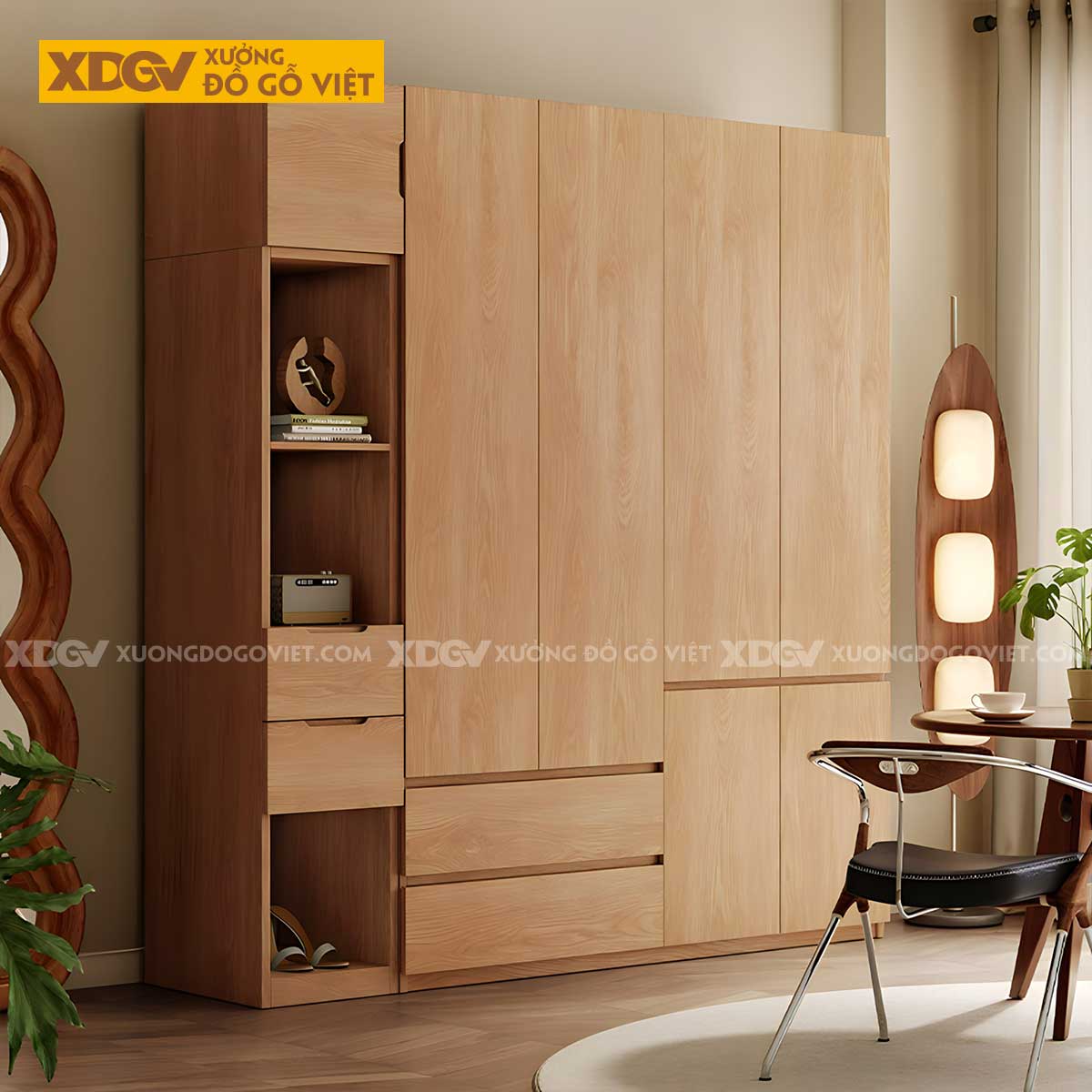 Tủ Áo Gỗ Veener Sồi Japandi Tố{C}{C}{C}{C}<!--cke_bookmark_528S-->{C}{C}{C}{C}<!--cke_bookmark_528E-->i Giản Cửa Mở Không Tay Nắm