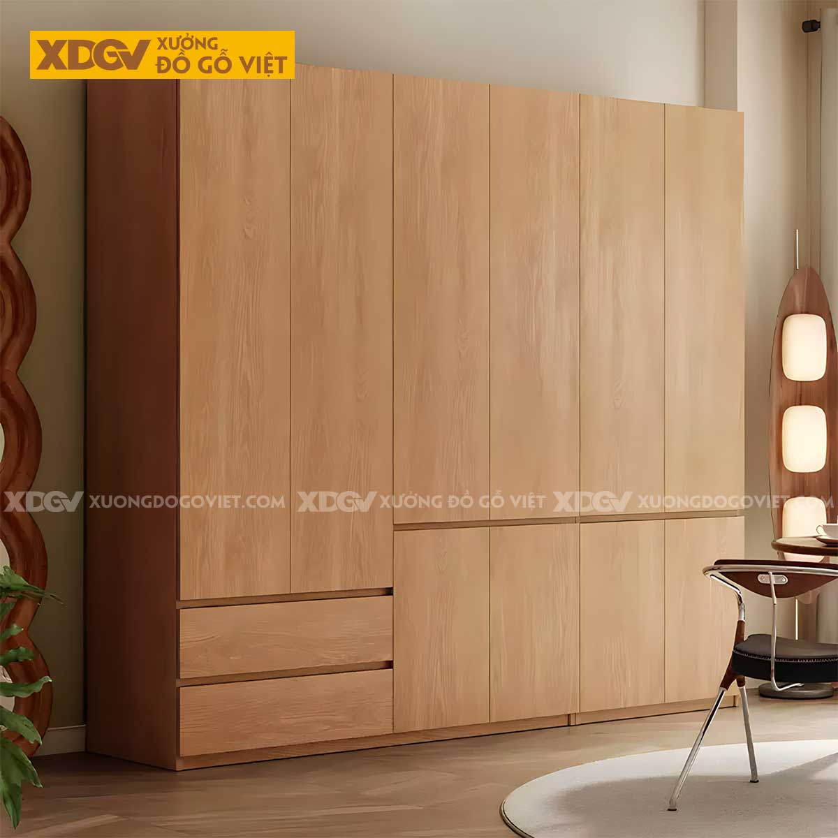 Tủ Áo Gỗ Veener Sồi Japandi Tối Giản Cửa Mở Không Tay Nắm