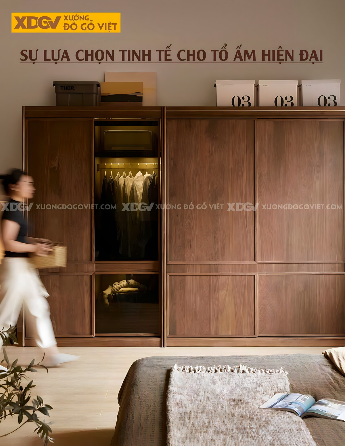 Tủ Áo Gỗ Veneer Óc Chó 4 Cánh Cửa Lùa Hiện Đại Kính Trong