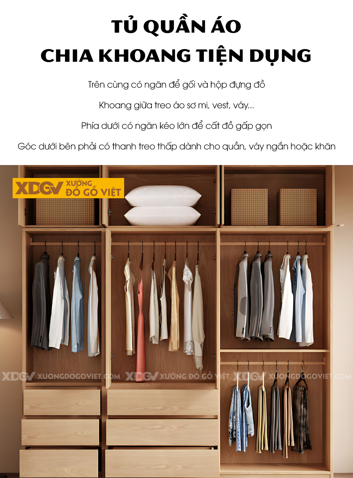 Tủ Áo Gỗ Veneer Sồi Hiện Đại Cửa Lùa Mở Có Tủ Trên Tiện Lợi