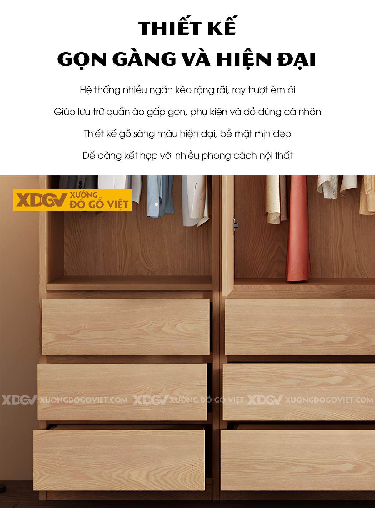 Tủ Áo Gỗ Veneer Sồi Hiện Đại Cửa Lùa Mở Có Tủ Trên Tiện Lợi