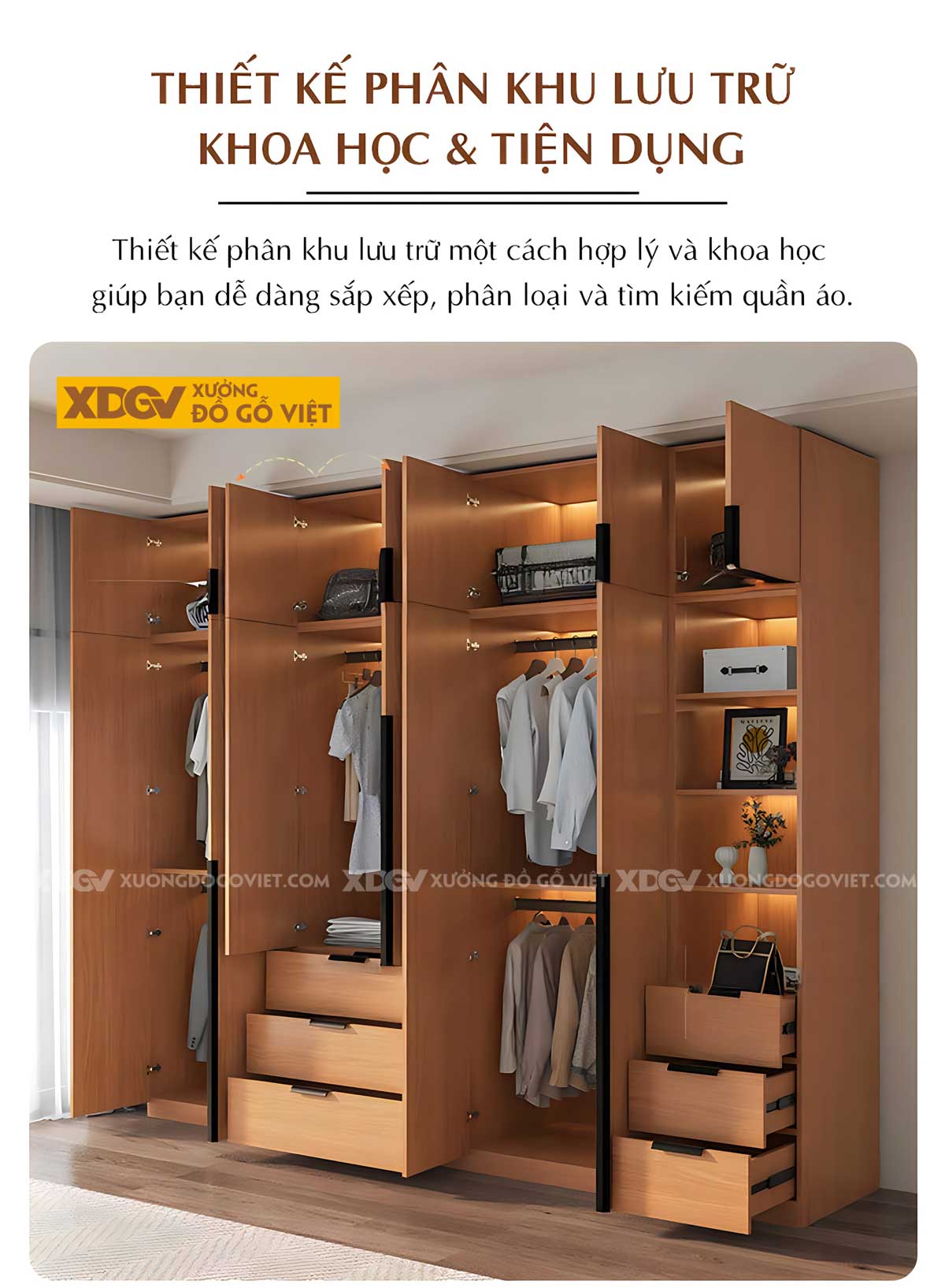 Tủ Áo Gỗ Veneer Sồi Hiện Đại Nhiều Vách Ngăn Có Ngăn Kéo