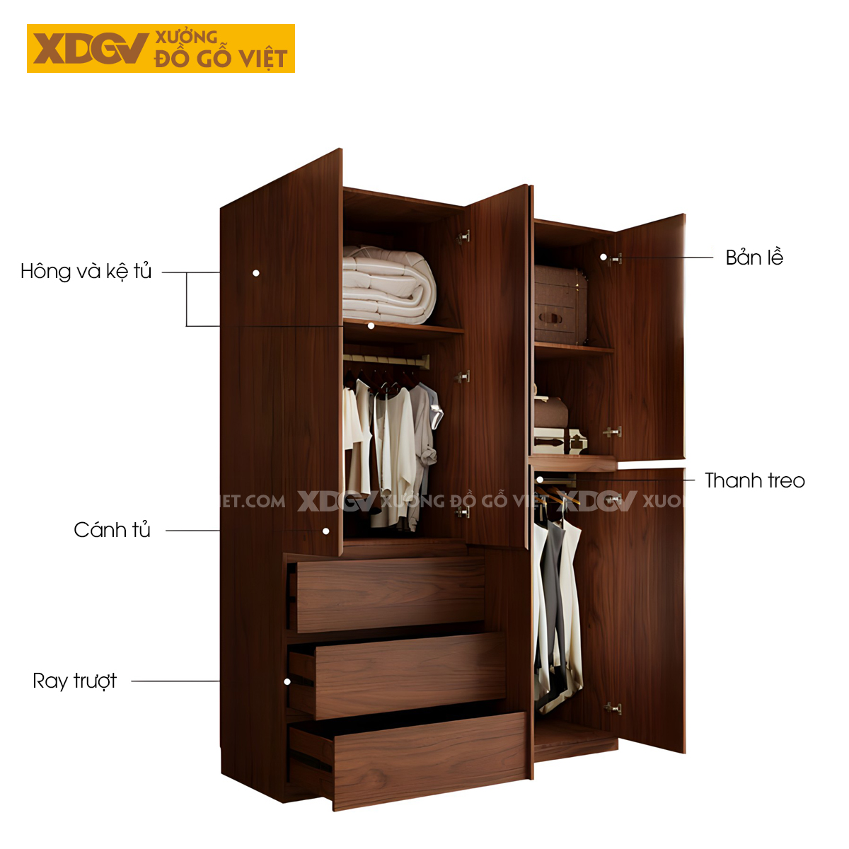 Tủ Áo Gỗ Veneer Sồi Hiện Đại Tối Giản Màu Óc Chó Sang Trọng