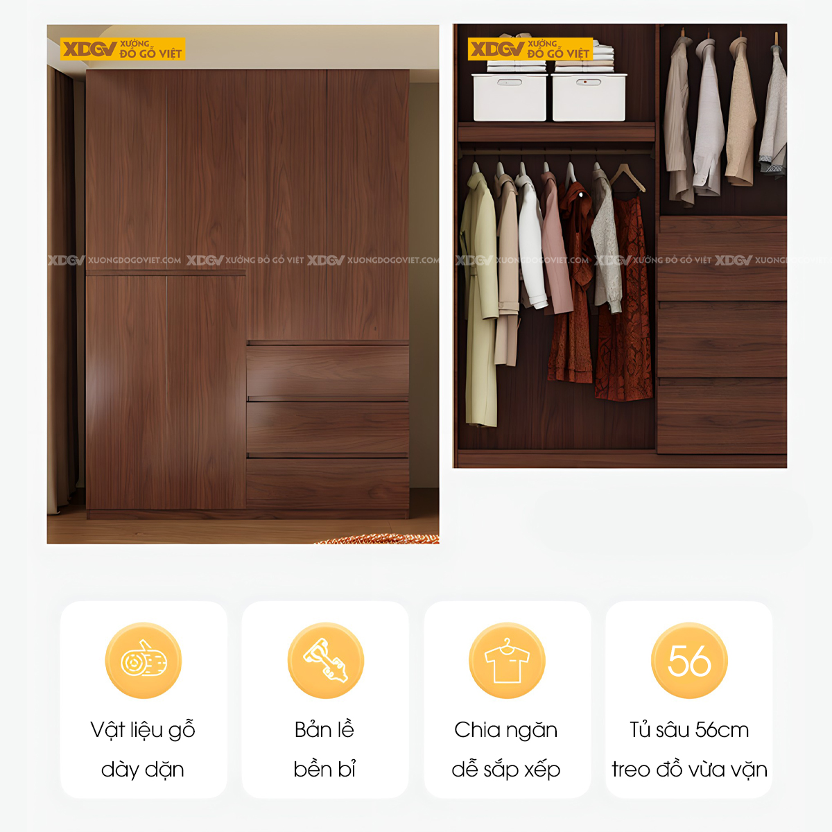 Tủ Áo Gỗ Veneer Sồi Hiện Đại Tối Giản Màu Óc Chó Sang Trọng