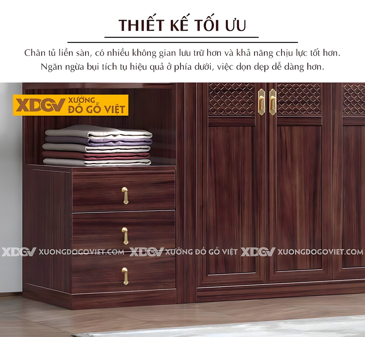 Tủ Áo Gỗ Xoan Đào 6 Cánh Khung Pano Đan Lưới Tay Kim Loại