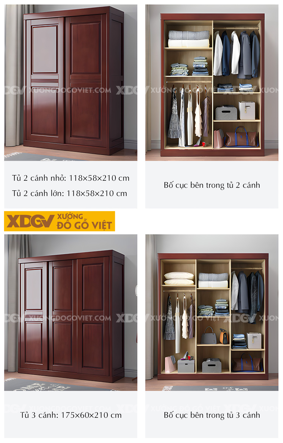 Tủ Áo Gỗ Xoan Đào Hiện Đại Á Đông Cửa Lùa Có Cánh Gương