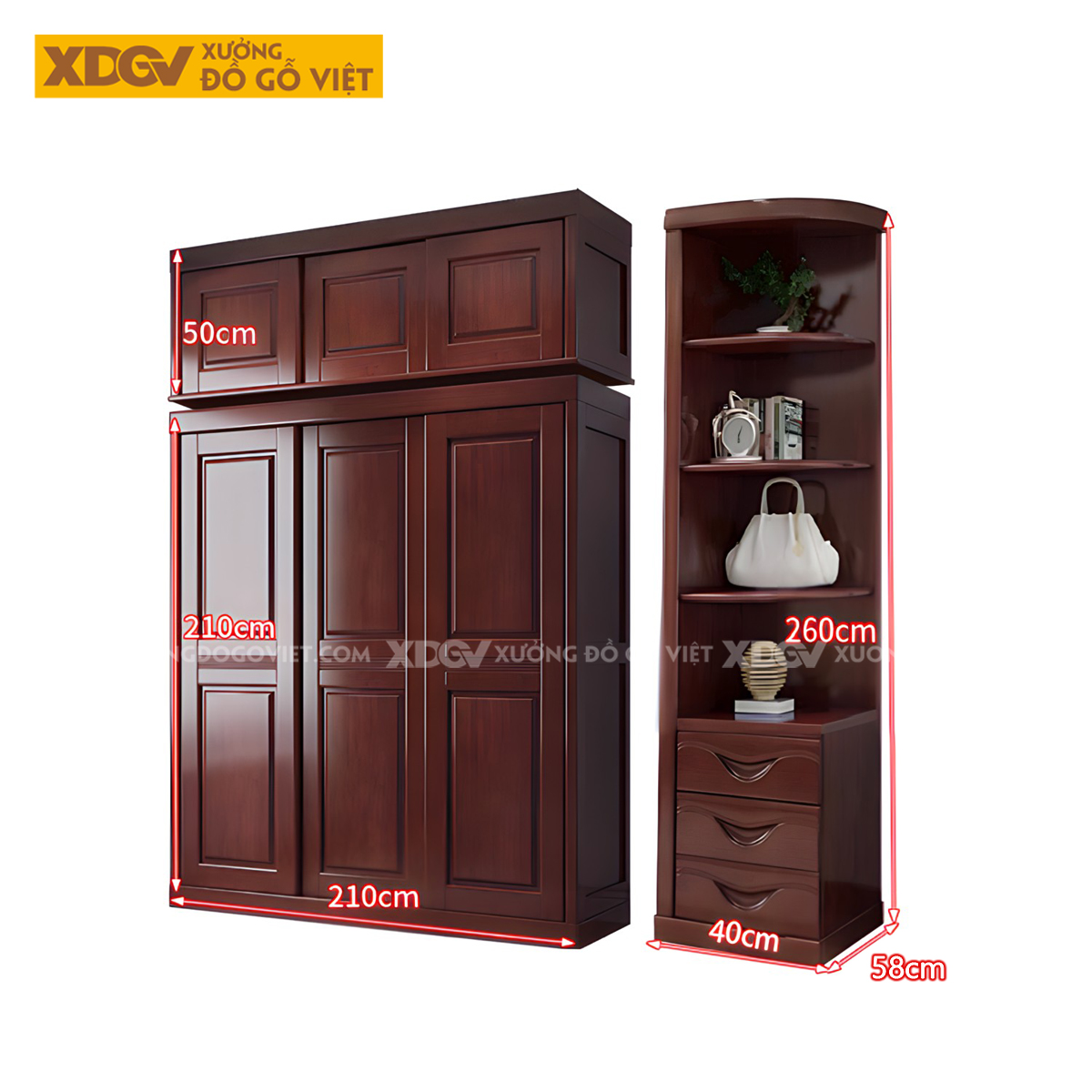 Tủ Áo Gỗ Xoan Đào Hiện Đại Á Đông Cửa Lùa Có Cánh Gương