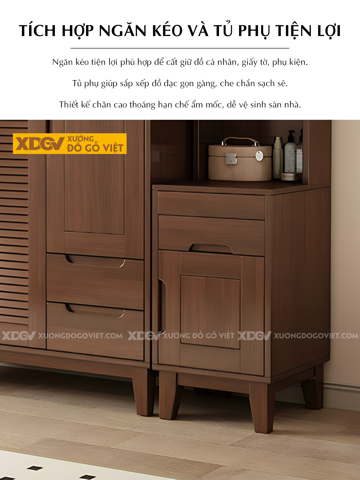 Tủ Áo Gỗ Xoan Đào Hiện Đại Japandi Cánh Lá Sách Tay Nắm Âm