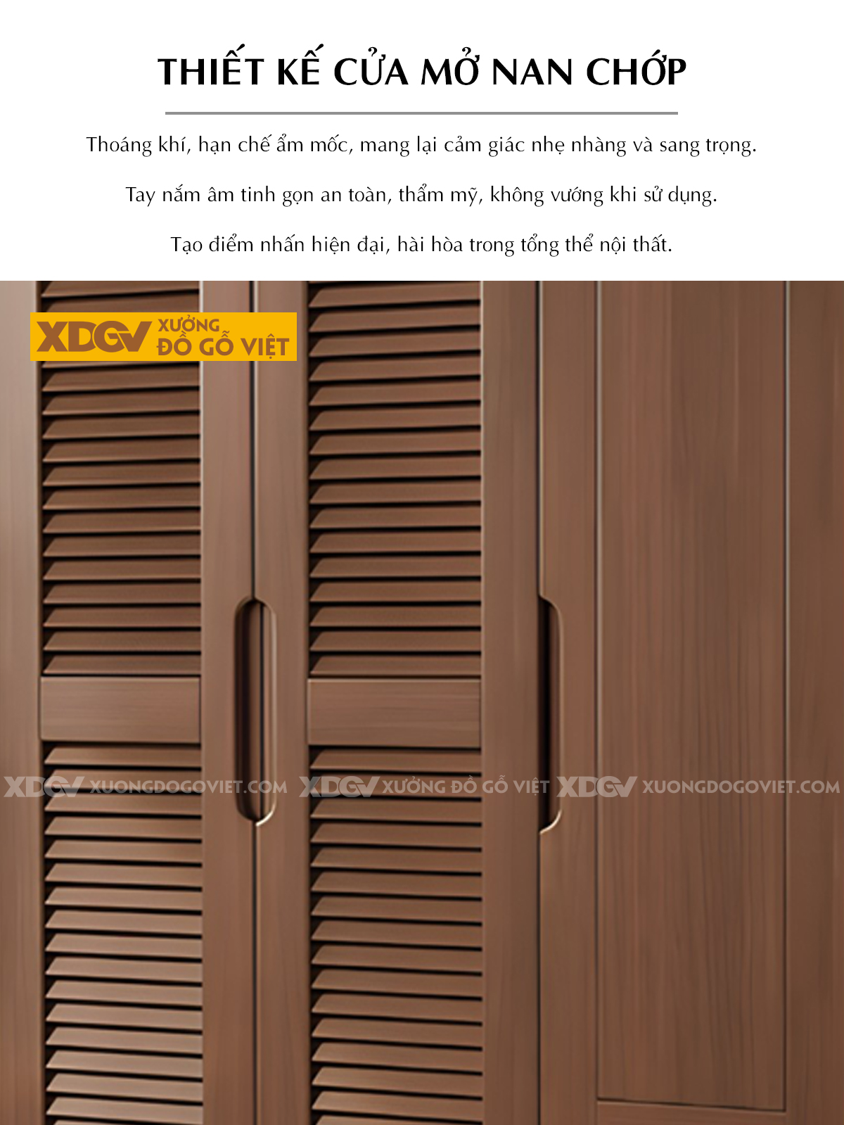 Tủ Áo Gỗ Xoan Đào Hiện Đại Japandi Cánh Lá Sách Tay Nắm Âm