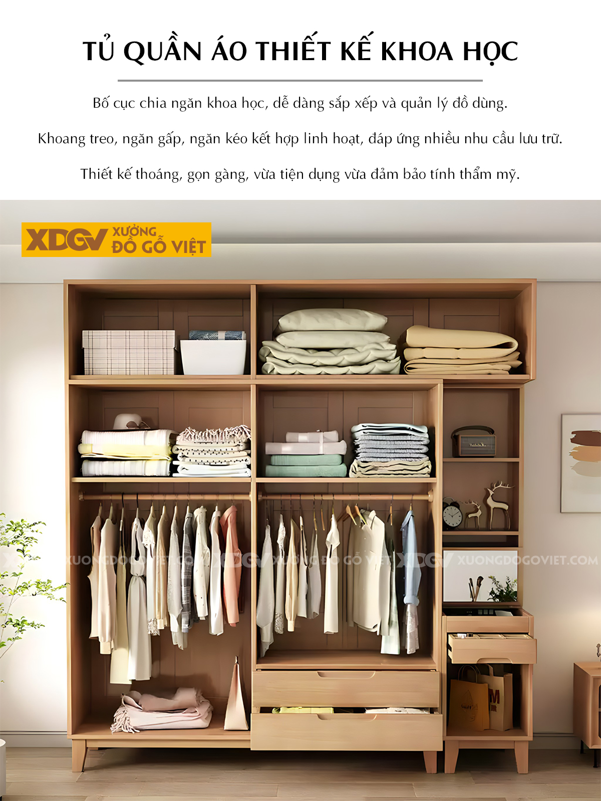 Tủ Áo Gỗ Xoan Đào Hiện Đại Japandi Cánh Lá Sách Tay Nắm Âm