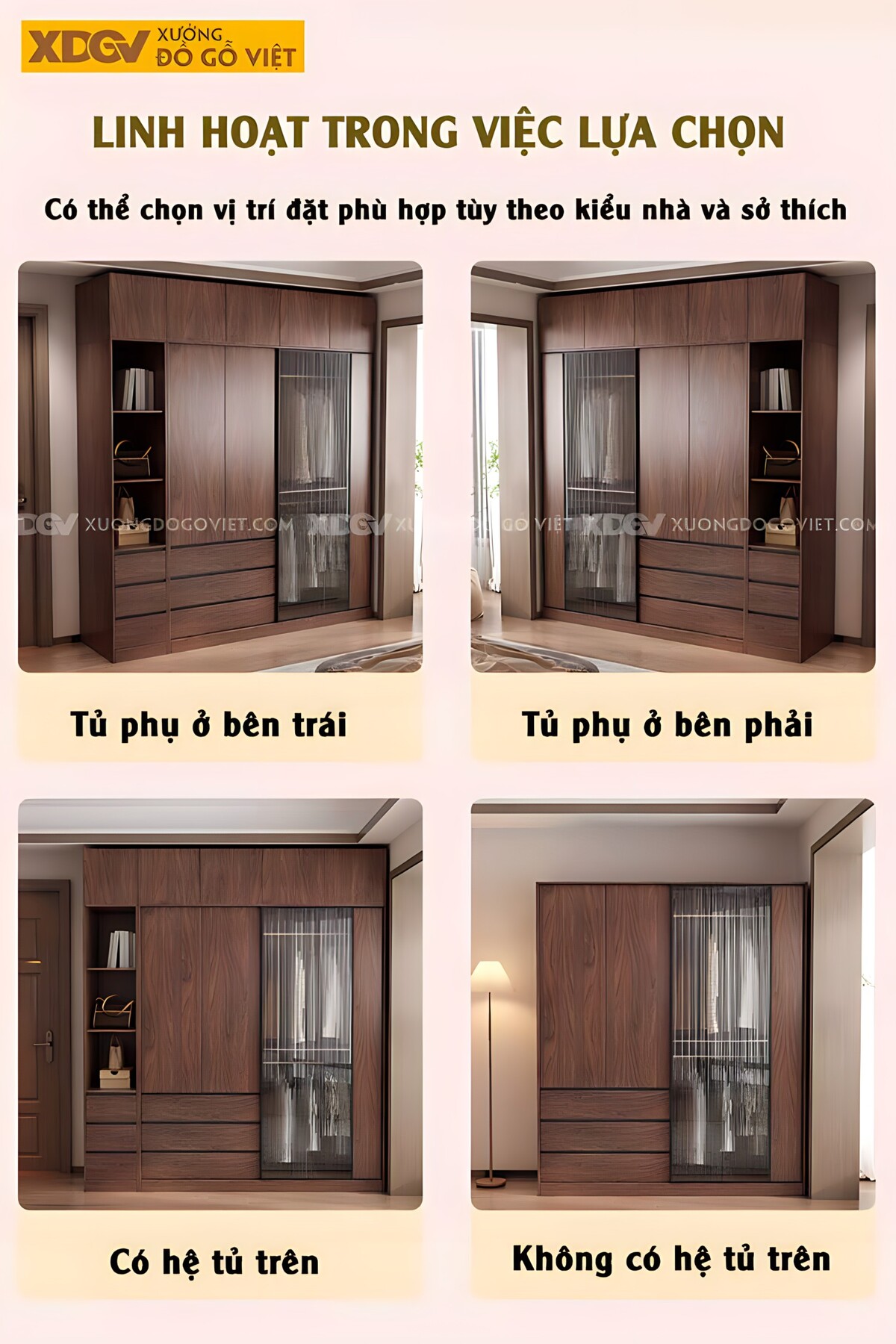 Tủ Áo Kịch Trần Gỗ Veneer Óc Chó Hiện Đại Cửa Kính Mờ Lùa