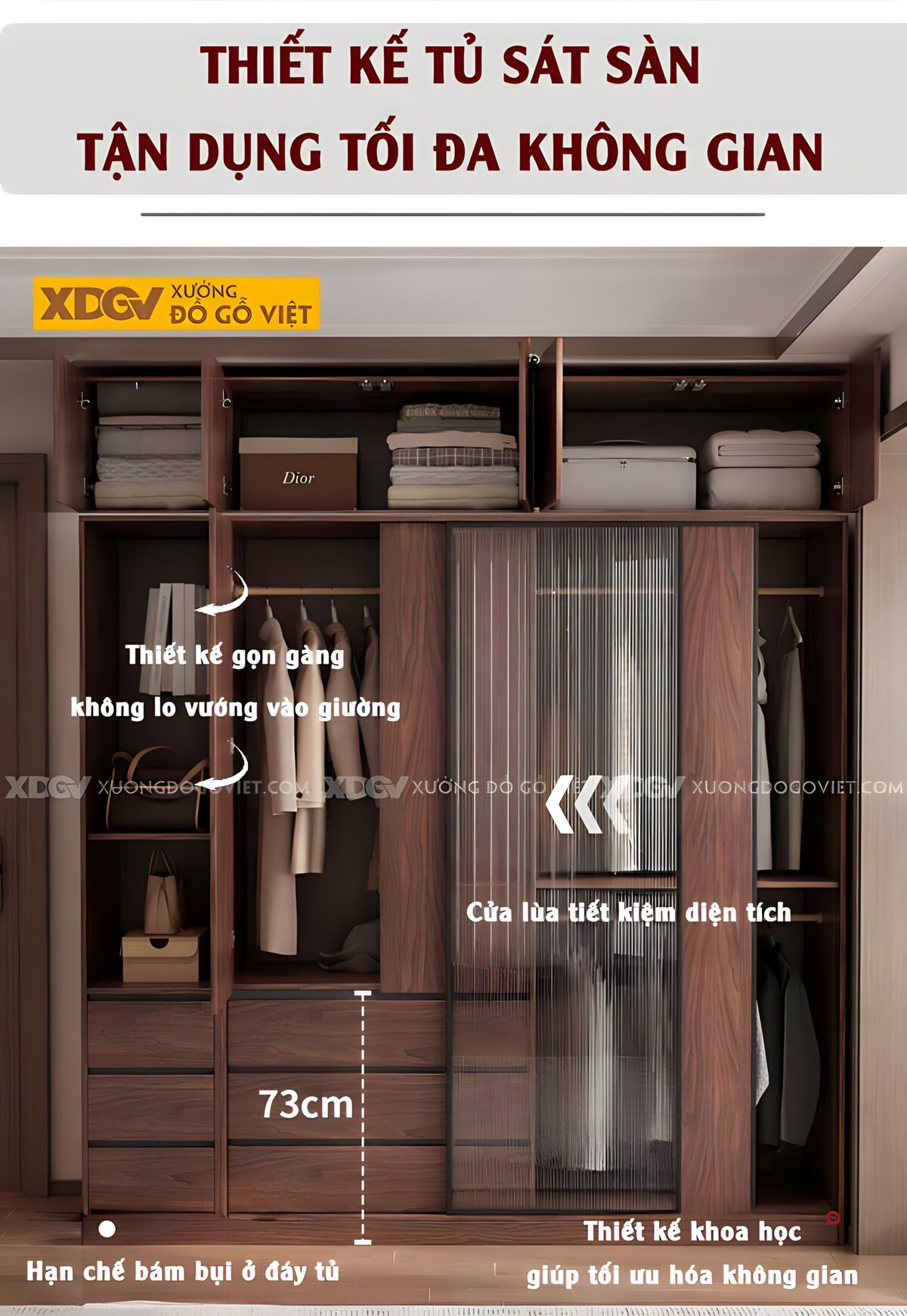 Tủ Áo Kịch Trần Gỗ Veneer Óc Chó Hiện Đại Cửa Kính Mờ Lùa