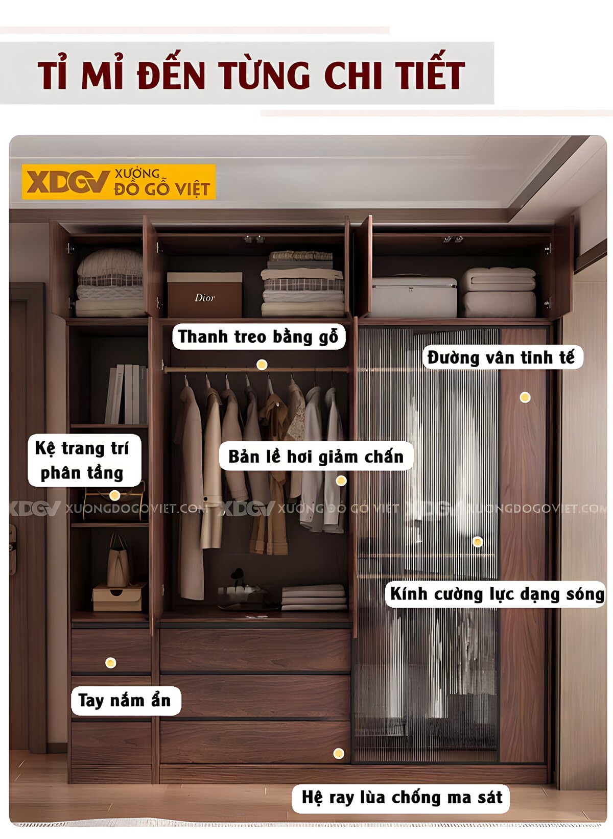 Tủ Áo Kịch Trần Gỗ Veneer Óc Chó Hiện Đại Cửa Kính Mờ Lùa