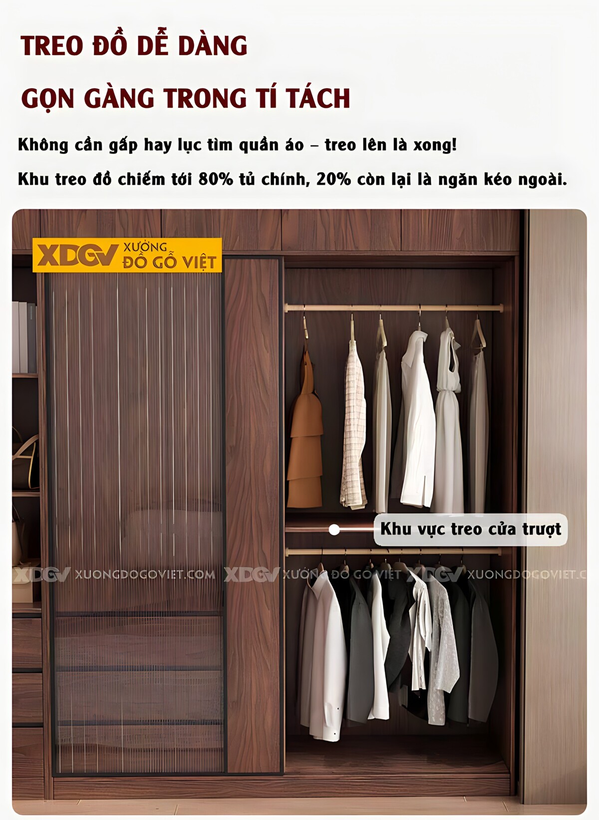 Tủ Áo Kịch Trần Gỗ Veneer Óc Chó Hiện Đại Cửa Kính Mờ Lùa