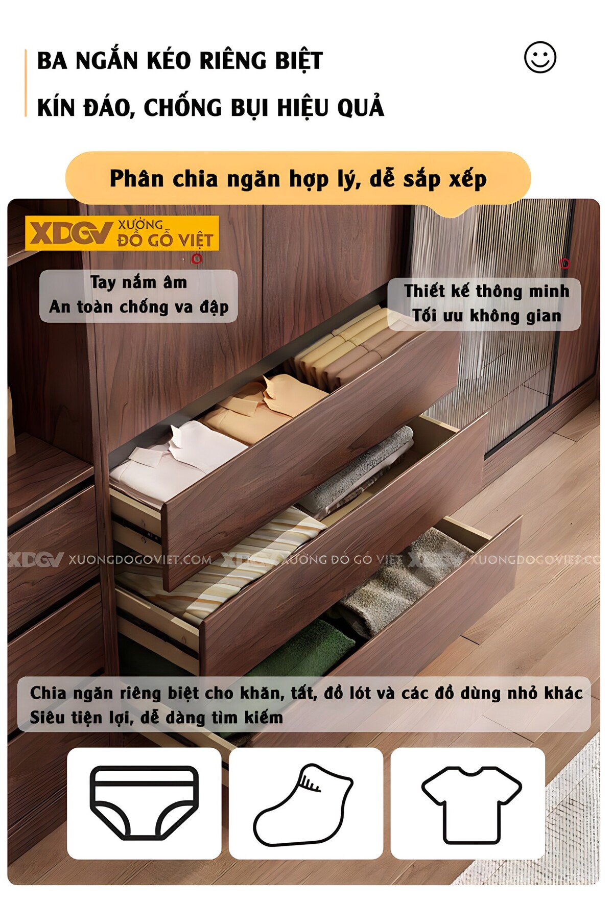Tủ Áo Kịch Trần Gỗ Veneer Óc Chó Hiện Đại Cửa Kính Mờ Lùa