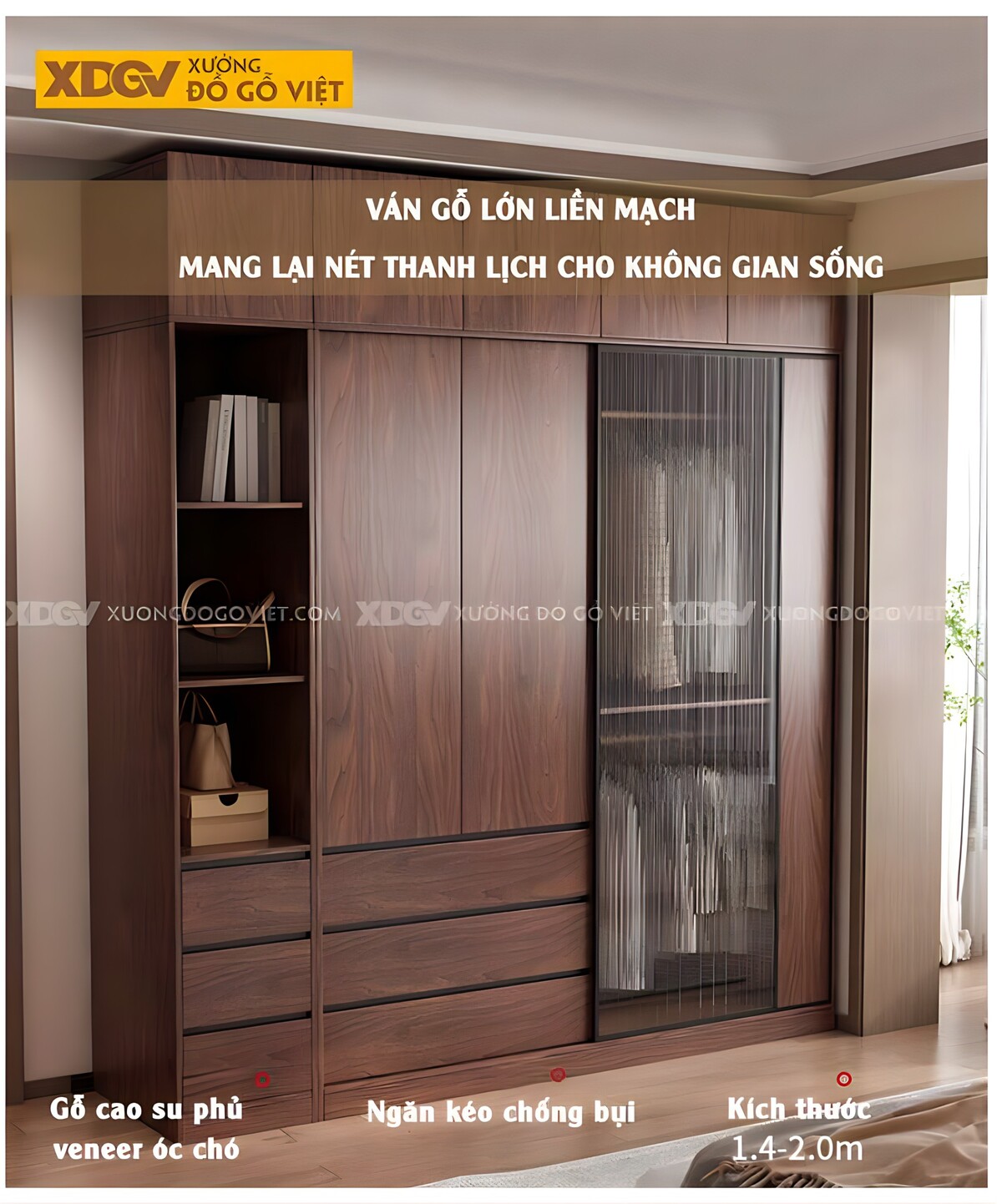 Tủ Áo Kịch Trần Gỗ Veneer Óc Chó Hiện Đại Cửa Kính Mờ Lùa