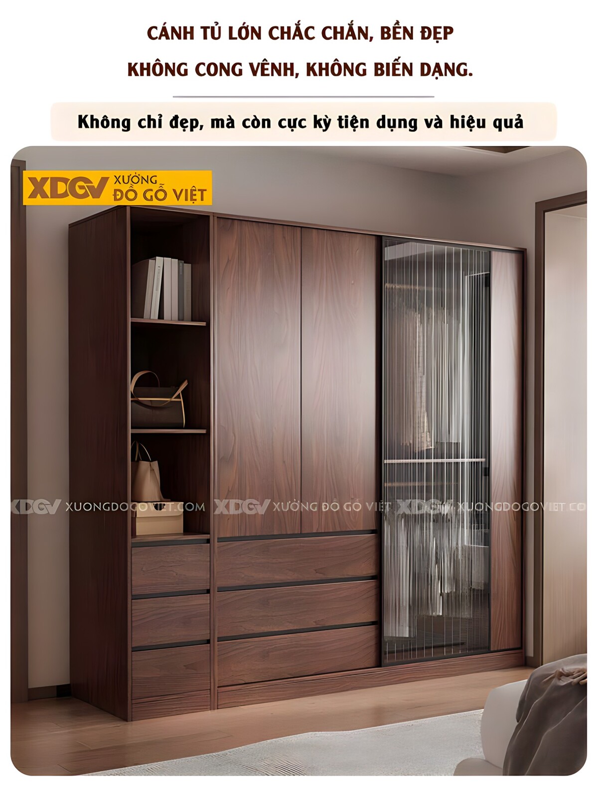 Tủ Áo Kịch Trần Gỗ Veneer Óc Chó Hiện Đại Cửa Kính Mờ Lùa