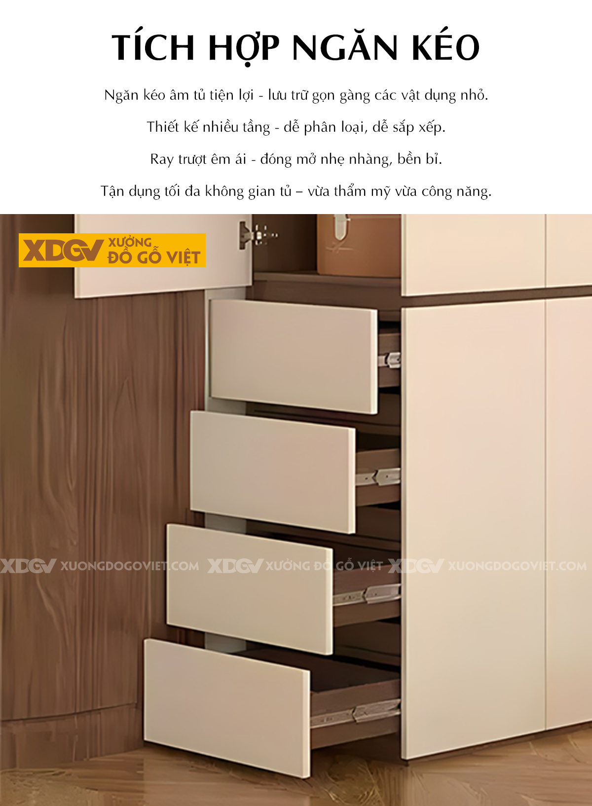 Tủ Áo MDF Màu Trắng Kịch Trần Tay Âm Kết Hợp Kệ Trang Trí