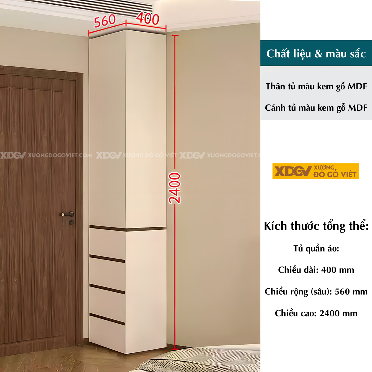 Tủ Áo MDF Màu Trắng Kịch Trần Tay Âm Kết Hợp Kệ Trang Trí