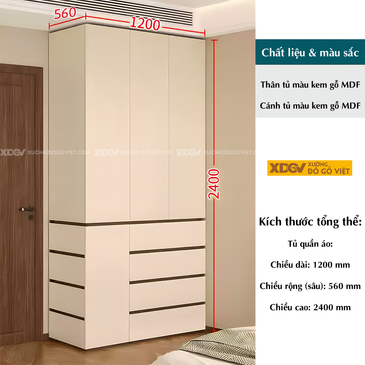 Tủ Áo MDF Màu Trắng Kịch Trần Tay Âm Kết Hợp Kệ Trang Trí