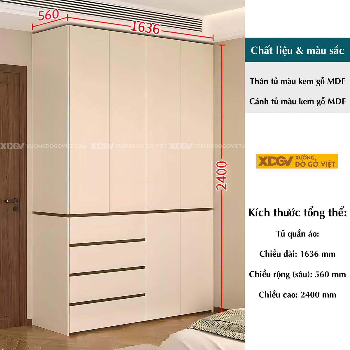 Tủ Áo MDF Màu Trắng Kịch Trần Tay Âm Kết Hợp Kệ Trang Trí