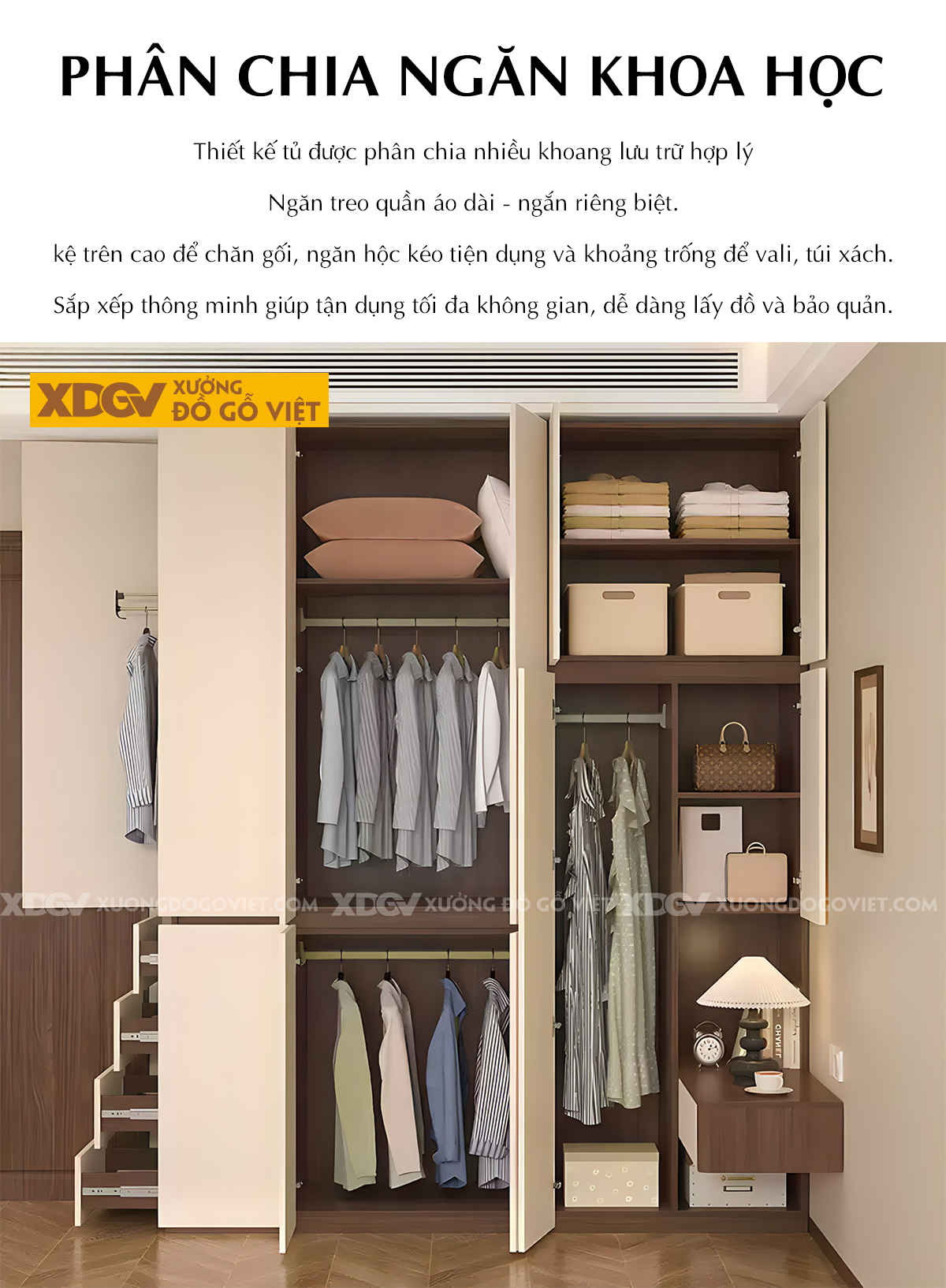 Tủ Áo MDF Màu Trắng Kịch Trần Tay Âm Kết Hợp Kệ Trang Trí