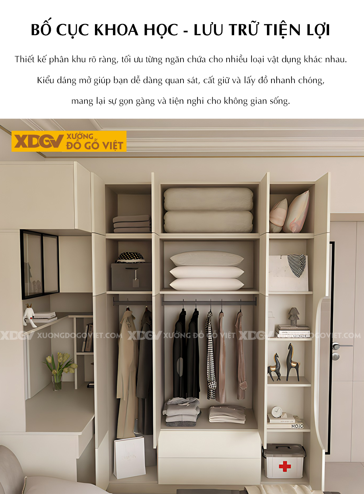 Tủ Áo MDF Phòng Ngủ Kết Hợp Bàn Học Và Kệ Trang Trí Độc Đáo