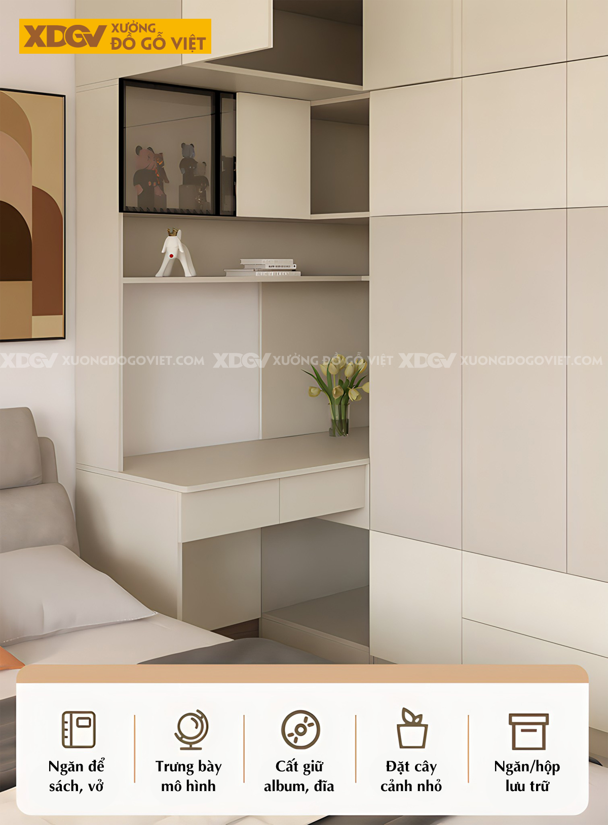 Tủ Áo MDF Phòng Ngủ Kết Hợp Bàn Học Và Kệ Trang Trí Độc Đáo