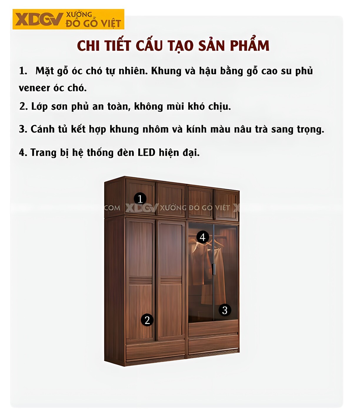 Tủ Áo Óc Chó Hiện Đại Cửa Gỗ Lùa Và Cửa Kính Khung Nhôm Đen