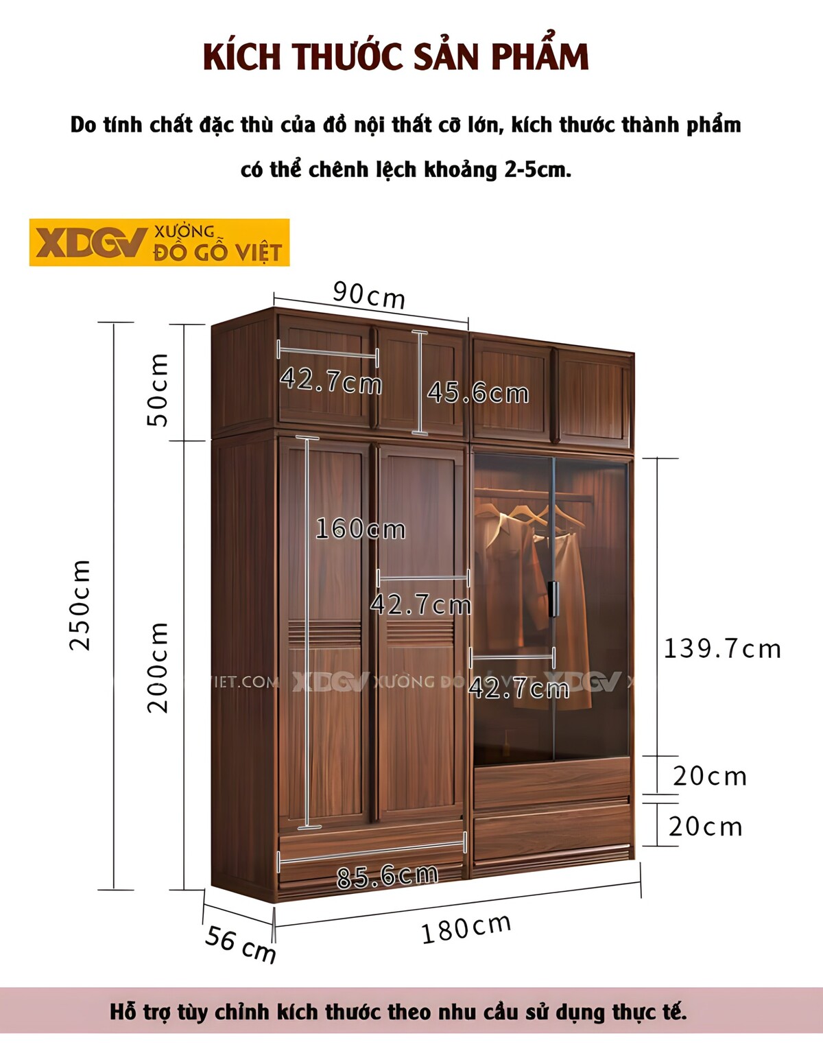 Tủ Áo Óc Chó Hiện Đại Cửa Gỗ Lùa Và Cửa Kính Khung Nhôm Đen