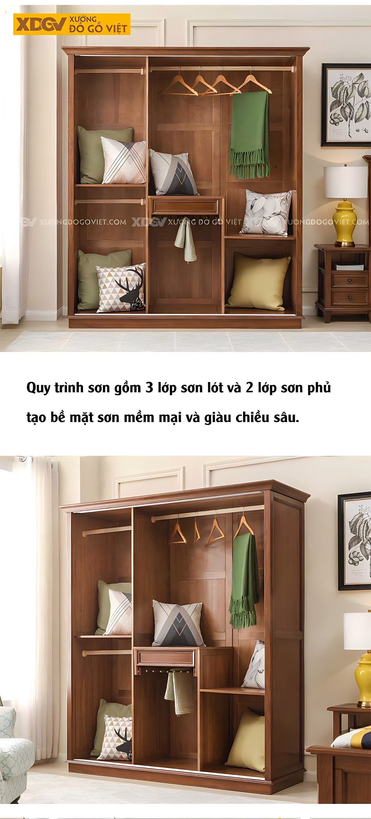 Tủ Áo Óc Chó Tân Cổ Điển Cánh Trượt Khung Pano Sang Trọng