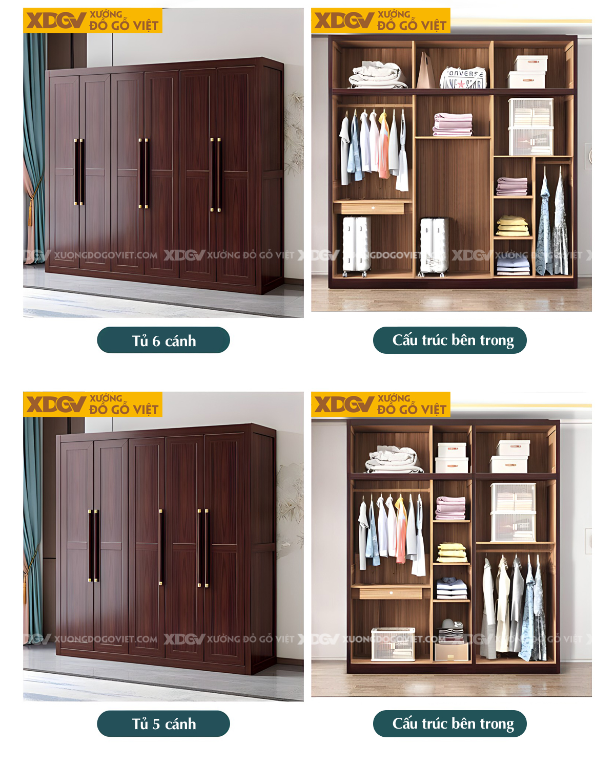Tủ Áo Phòng Ngủ Veneer Óc Chó Đẹp Cánh Pano Tay Nắm Dài