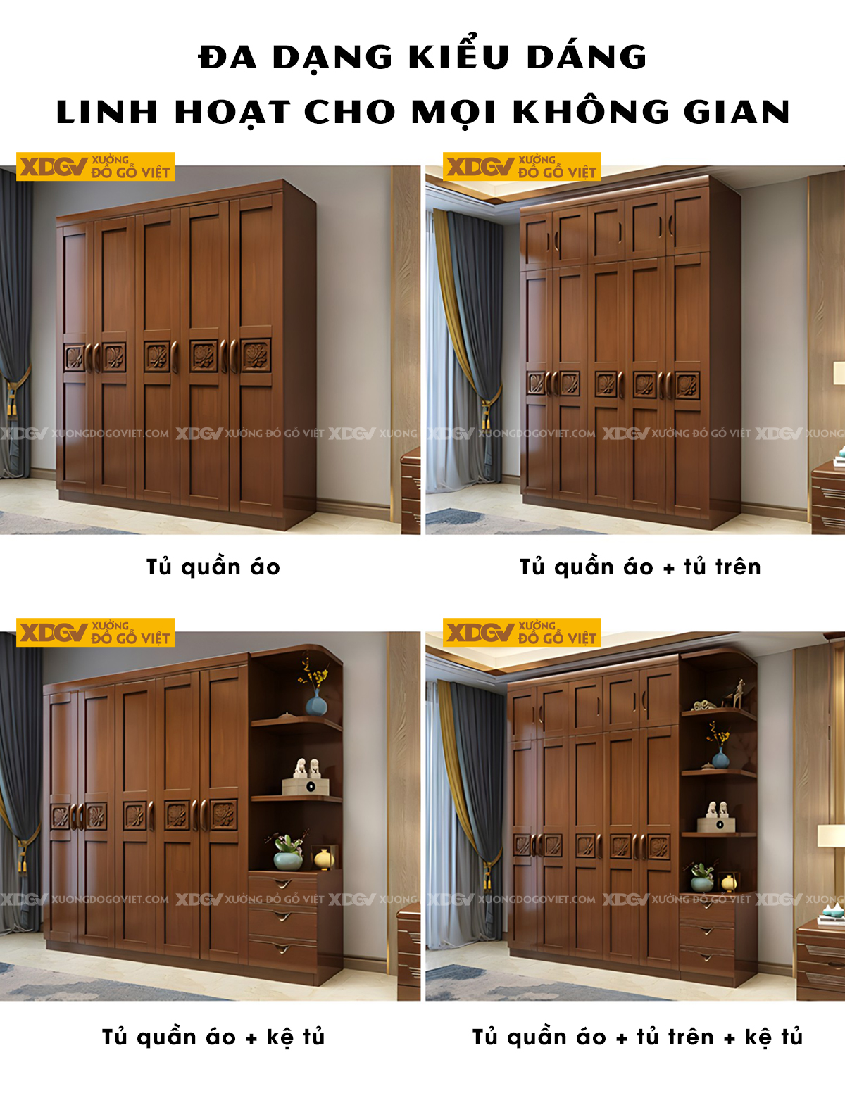 Tủ Áo Quần Gỗ Cao Su 6 Cánh Họa Tiết Hoa Trà My Nghệ Thuật