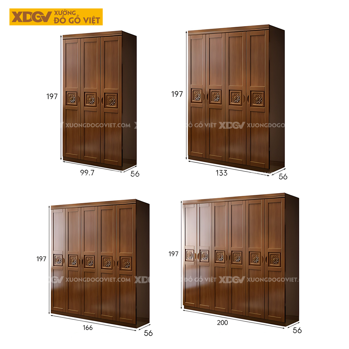 Tủ Áo Quần Gỗ Cao Su 6 Cánh Họa Tiết Hoa Trà My Nghệ Thuật