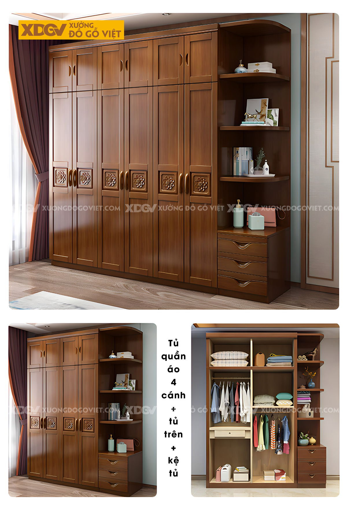 Tủ Áo Quần Gỗ Cao Su 6 Cánh Họa Tiết Hoa Trà My Nghệ Thuật