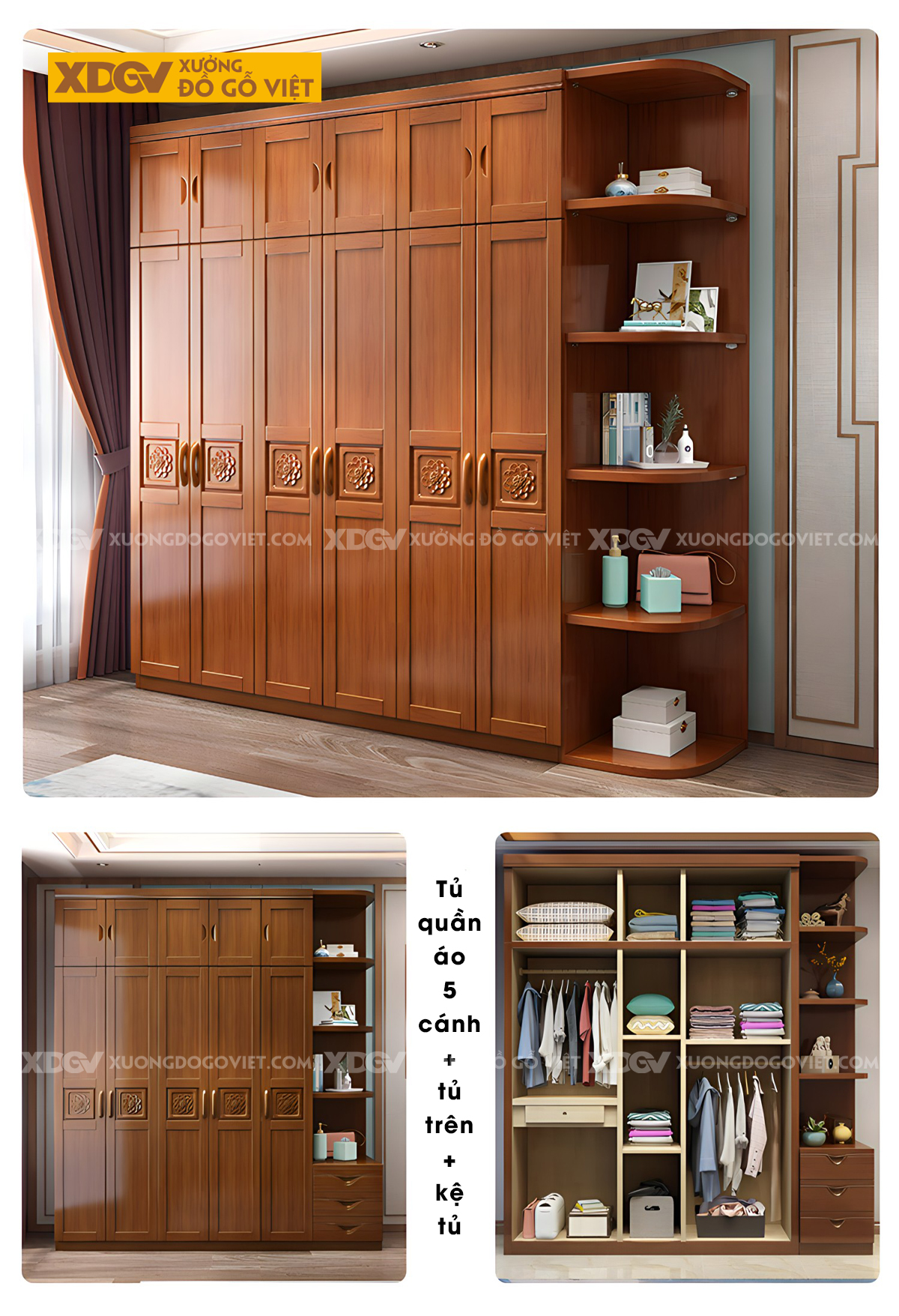 Tủ Áo Quần Gỗ Cao Su 6 Cánh Họa Tiết Hoa Trà My Nghệ Thuật