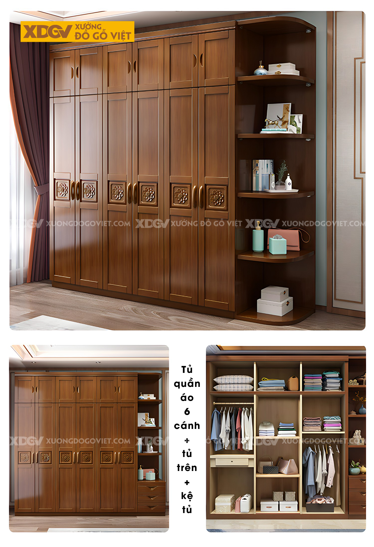 Tủ Áo Quần Gỗ Cao Su 6 Cánh Họa Tiết Hoa Trà My Nghệ Thuật