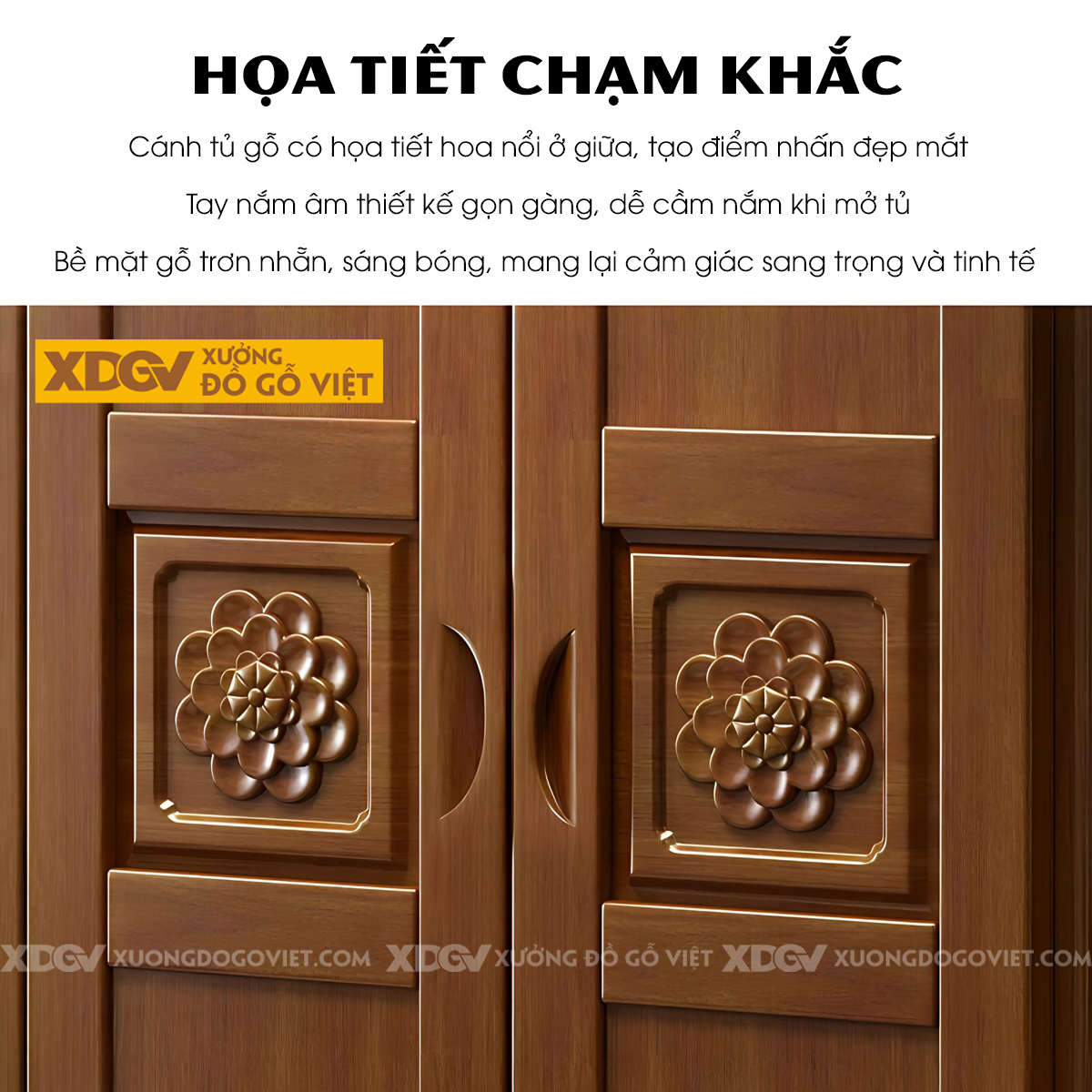 Tủ Áo Quần Gỗ Cao Su 6 Cánh Họa Tiết Hoa Trà My Nghệ Thuật