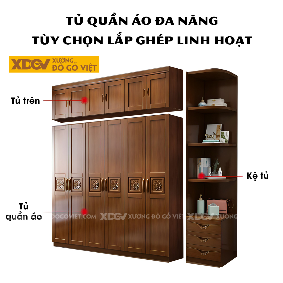 Tủ Áo Quần Gỗ Cao Su 6 Cánh Họa Tiết Hoa Trà My Nghệ Thuật