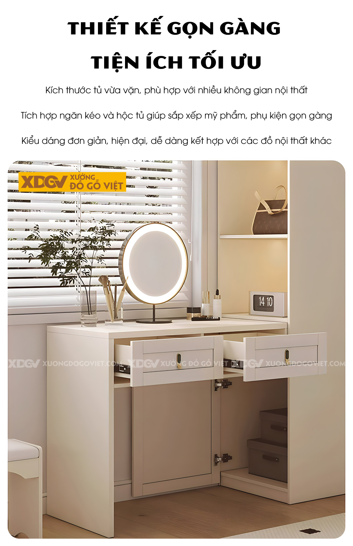 Tủ Áo Quần Gỗ Cao Su Trắng Kết Hợp Bàn Trang Điểm Góc L