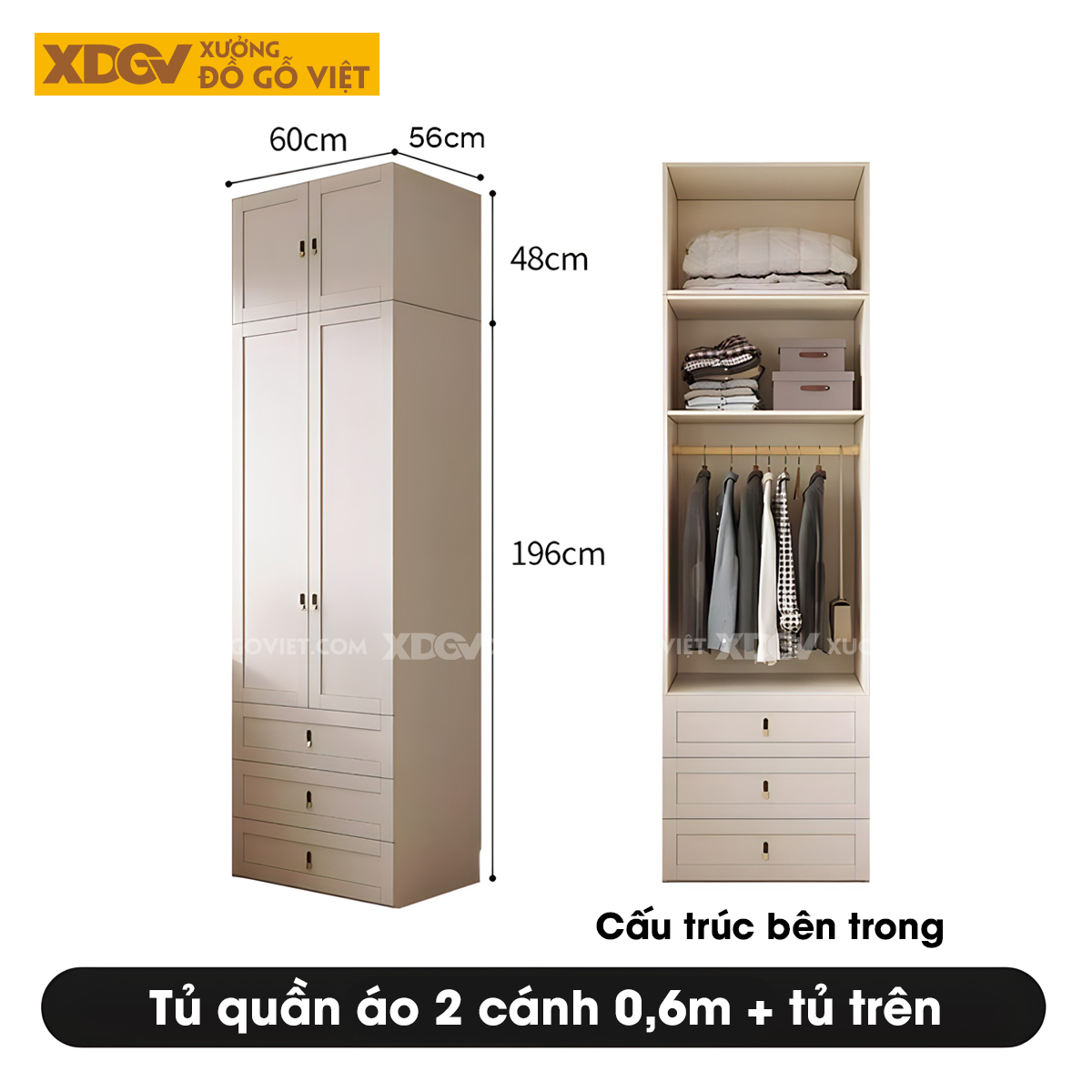 Tủ Áo Quần Gỗ Cao Su Trắng Kết Hợp Bàn Trang Điểm Góc L
