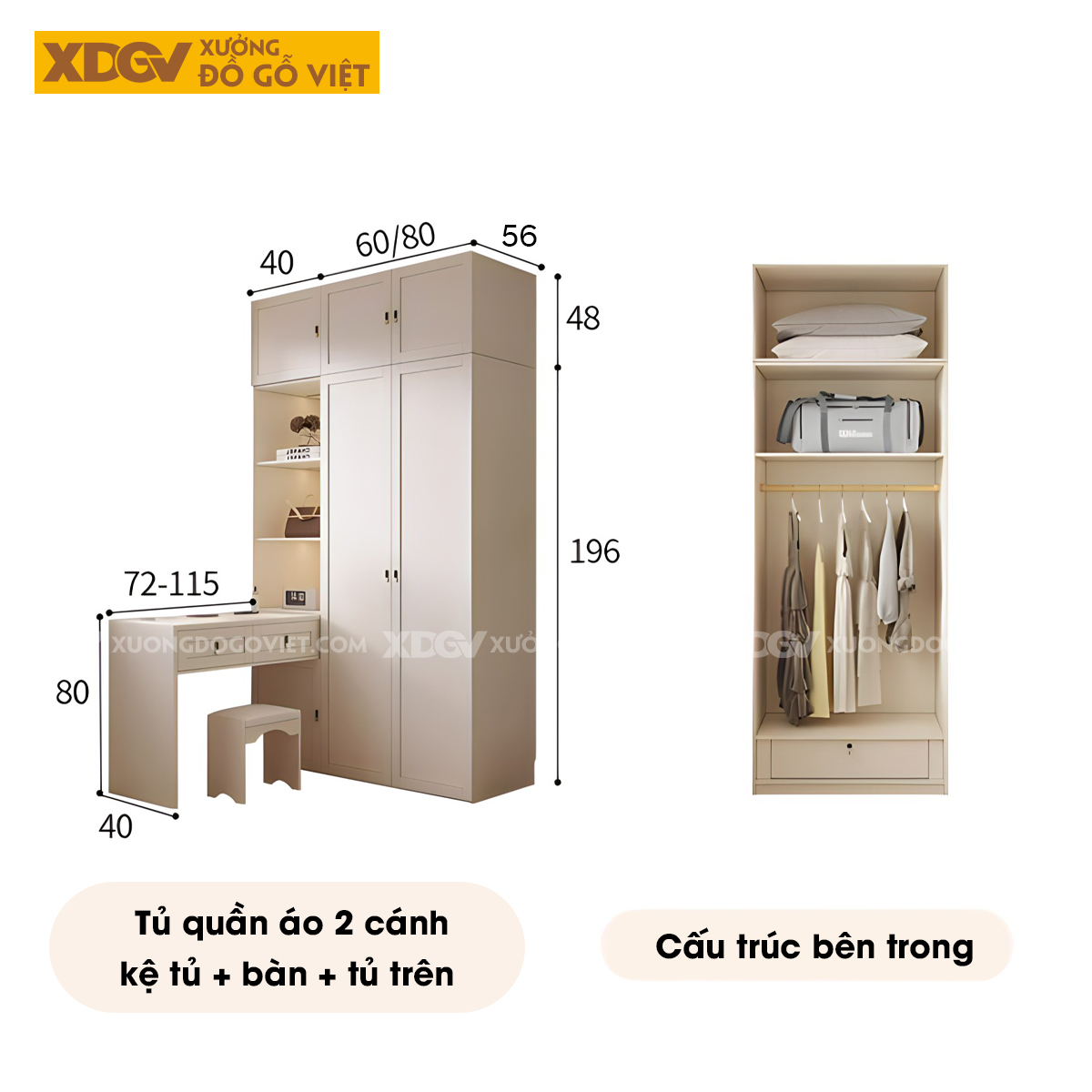 Tủ Áo Quần Gỗ Cao Su Trắng Kết Hợp Bàn Trang Điểm Góc L