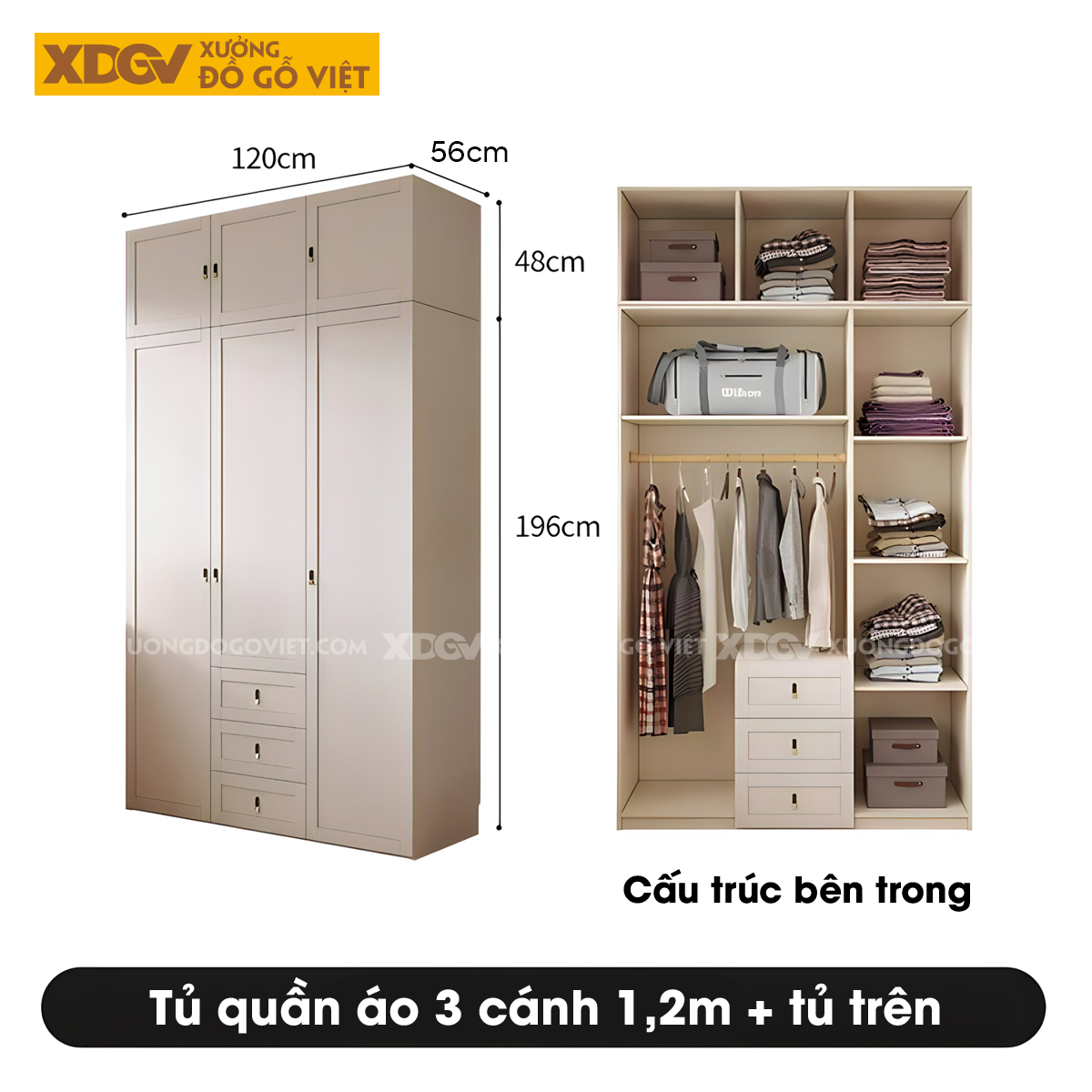 Tủ Áo Quần Gỗ Cao Su Trắng Kết Hợp Bàn Trang Điểm Góc L