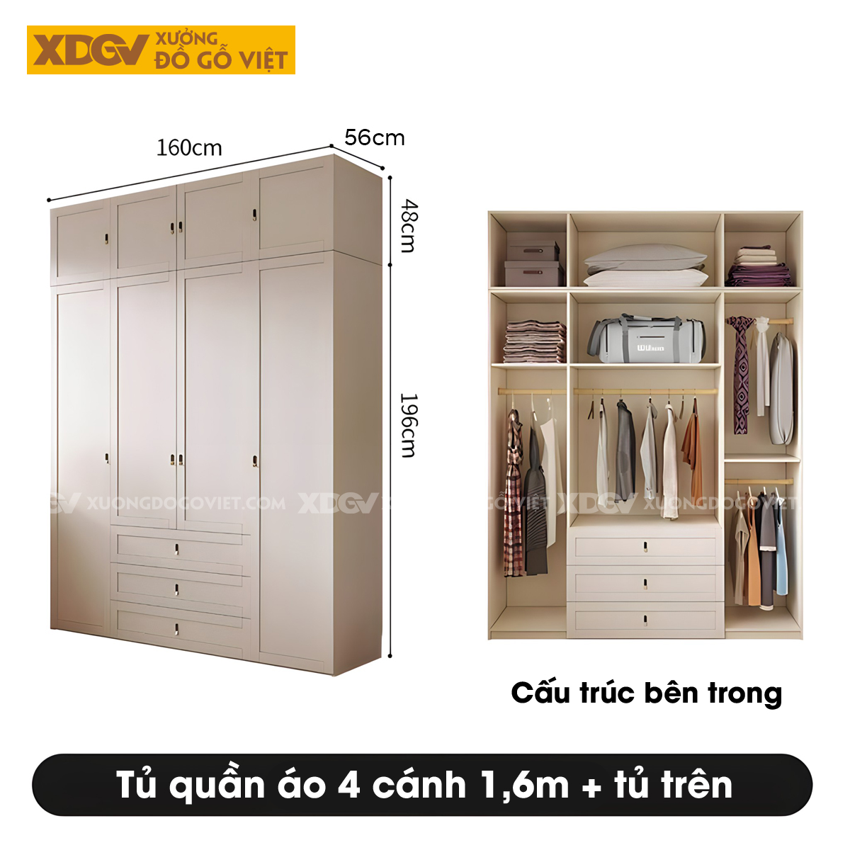 Tủ Áo Quần Gỗ Cao Su Trắng Kết Hợp Bàn Trang Điểm Góc L