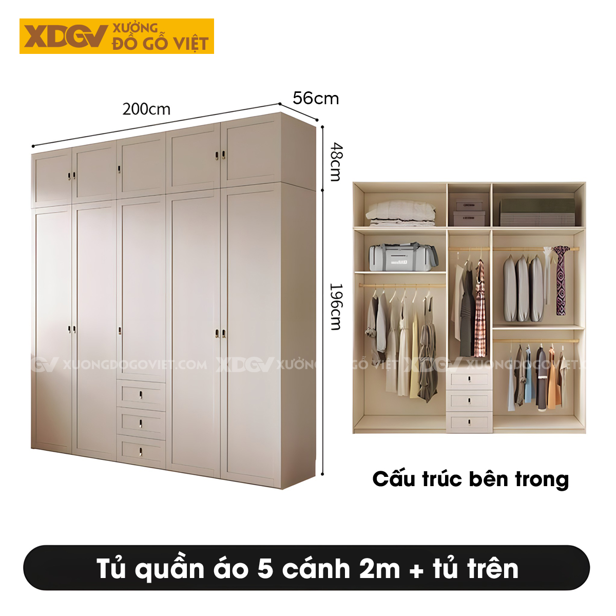Tủ Áo Quần Gỗ Cao Su Trắng Kết Hợp Bàn Trang Điểm Góc L