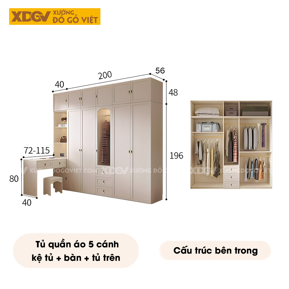 Tủ Áo Quần Gỗ Cao Su Trắng Kết Hợp Bàn Trang Điểm Góc L
