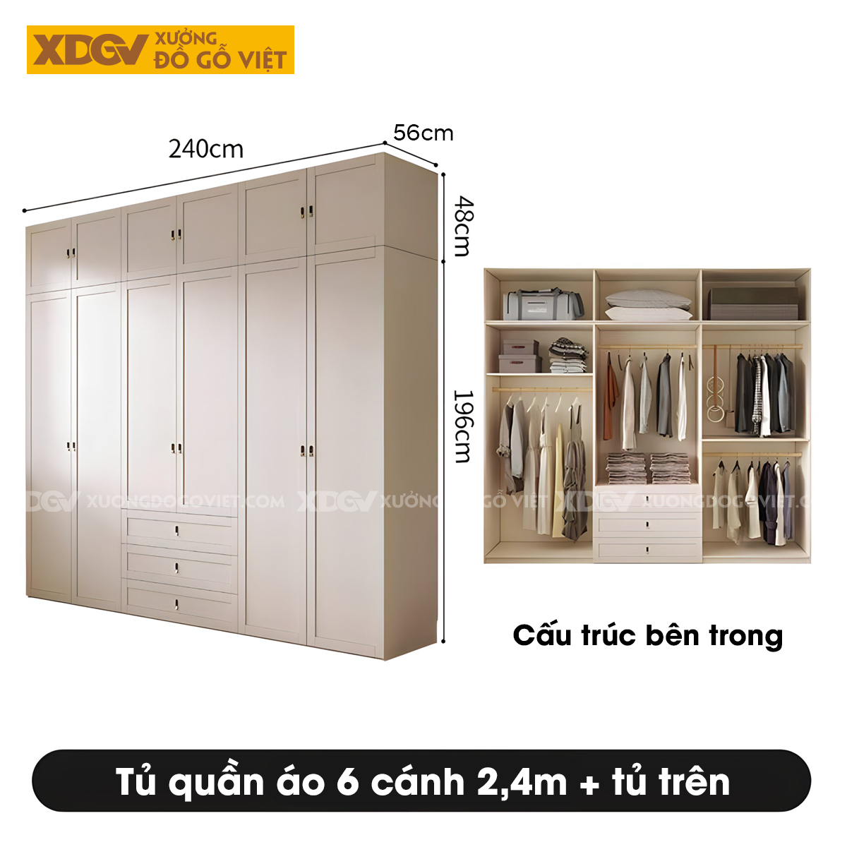 Tủ Áo Quần Gỗ Cao Su Trắng Kết Hợp Bàn Trang Điểm Góc L